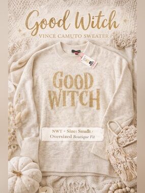 Vince Camuto Good Witch Sweater Small Oversized Cream Gold Graphic Cozy NWT $79